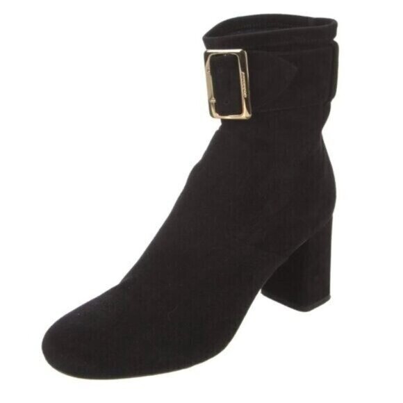 Burberry Women's 10 Britannia Buckle Block Suede Black Heel Buckle Booties - Picture 2 of 15